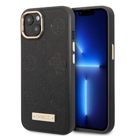 Guess Phone Case for iPhone 13 in Black Magsafe Compatible Peony Pattern, PU Leather Protective & Anti-Scratch Case with Accessi