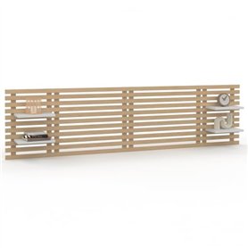 IDMarket - Tête de lit Suspendue en Lattes AVA 240 cm Bois Clair et étagères Blanches