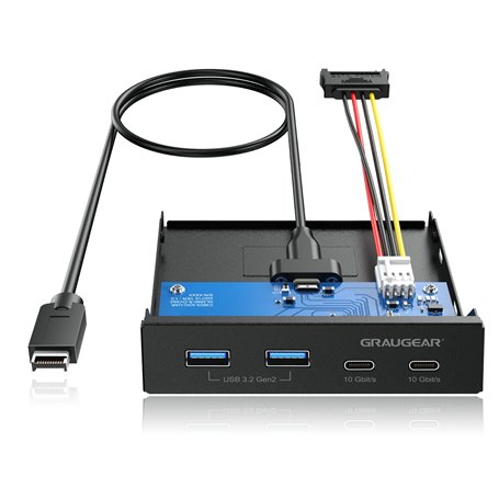 GRAUGEAR Panneau Avant 4 Ports 10Gbit/s, 2X USB-C+2X USB-A HUB USB3.2 Gen2, Panneau Avant pour Baie 3,5 Pouces, USB3.2 Gen2 Key 