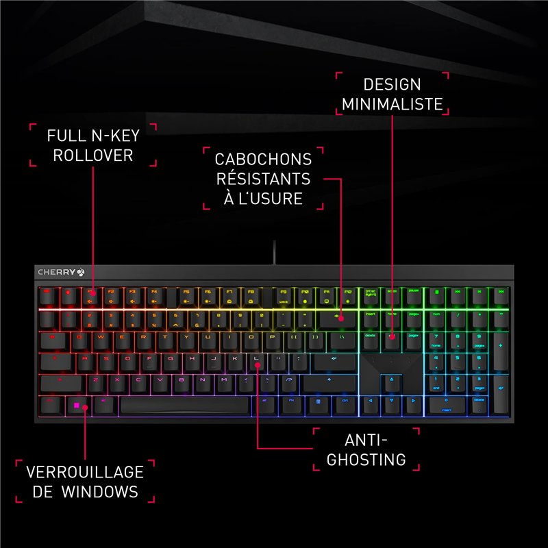 Image secondaire de CHERRY MX 2.0S Clavier Gaming filaire avec éclairage RVB, disposition française (AZERTY), MX RED Switches, Noir