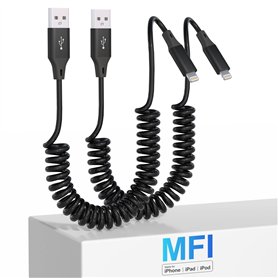 KETAKY Plus Lot de 2 Câble Lightning Spiralé, certifiés Ap-ple Carplay et MFi, chargeur Câble iPhone rétractable avec transmissi