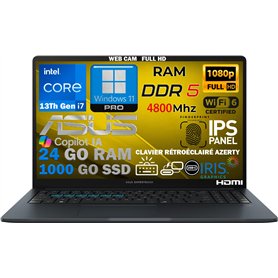 ASUS Ordinateur Portable Intel i7 13ème 10 Coeurs 5Ghz, RAM 24 Go DDR5, SSD PCIe 1To, écran IPS 15,6 Full HD, WiFi6E, 4USB, Empr