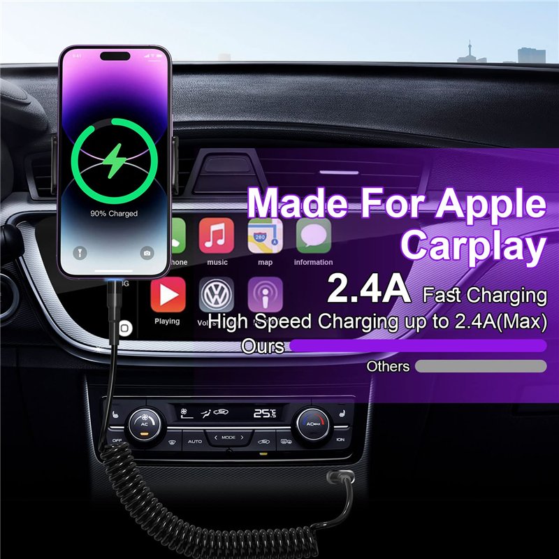 Image secondaire de Câble Lightning enroulé Compatible Apple Carplay [Certifié Apple MFi] Chargeur iPhone rétractable avec synchronisation de donnée