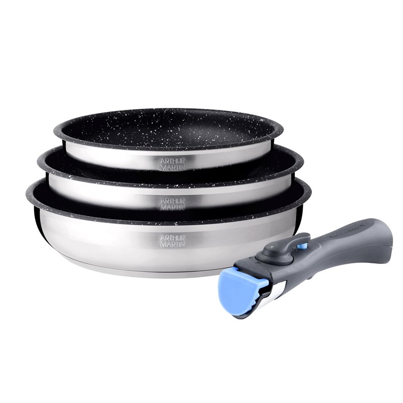 Arthur Martin AM9728 Set de 3 poêles avec revêtement antiadhérent Acier Inoxydable Poignée amovible Tous feux dont induction