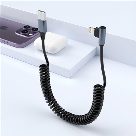 Câble Lightning spirale pour Apple Carplay, Câble de Données iPhone à 90 Degrés pour iPhone/Pad/Pod, [certifié Apple MFi] Cable 