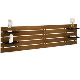 IDMarket - Tête de lit Suspendue 5 Larges Lattes Nina 240 cm Bois Vieilli et étagères Noires