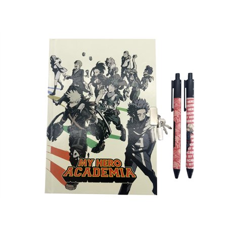 CyP Brands- My Hero Academia Boîte cadeau avec journal et 2 stylos, journaux, stylos, matériel d'écriture, multicolore, produit 