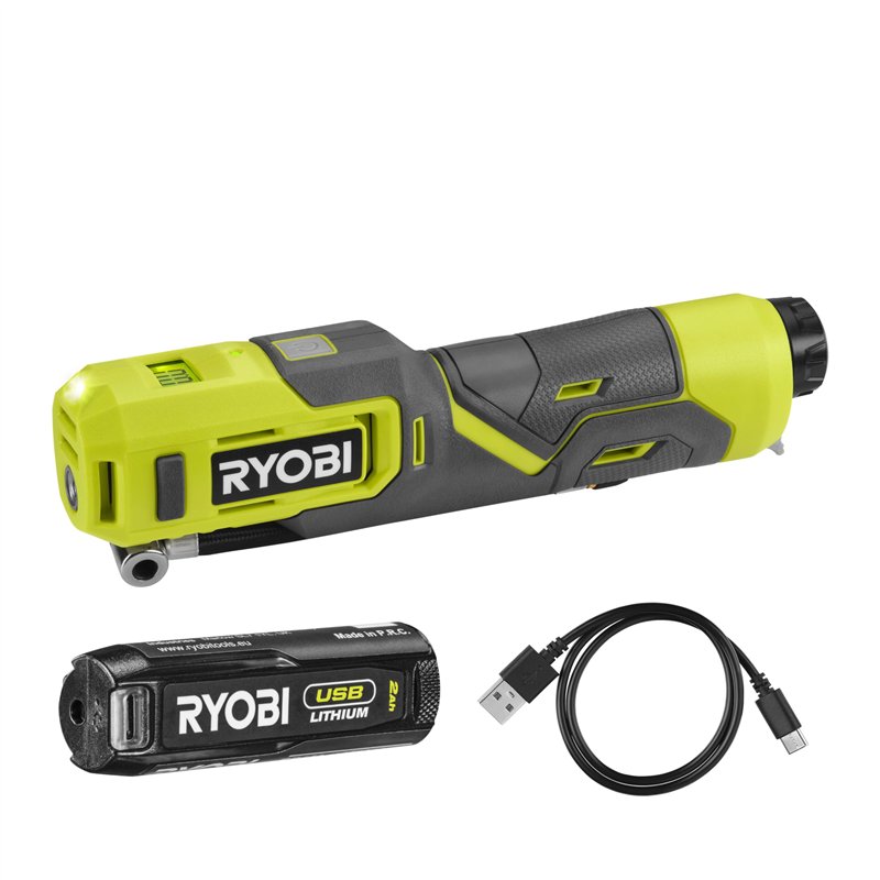 RYOBI Gonfleur 4V USB Lithium - jusqu'à 6,9 bars - Câble USB-C - 1 batterie 4V 2,0 Ah USB Lithium - Livré avec 3 embouts de gonf