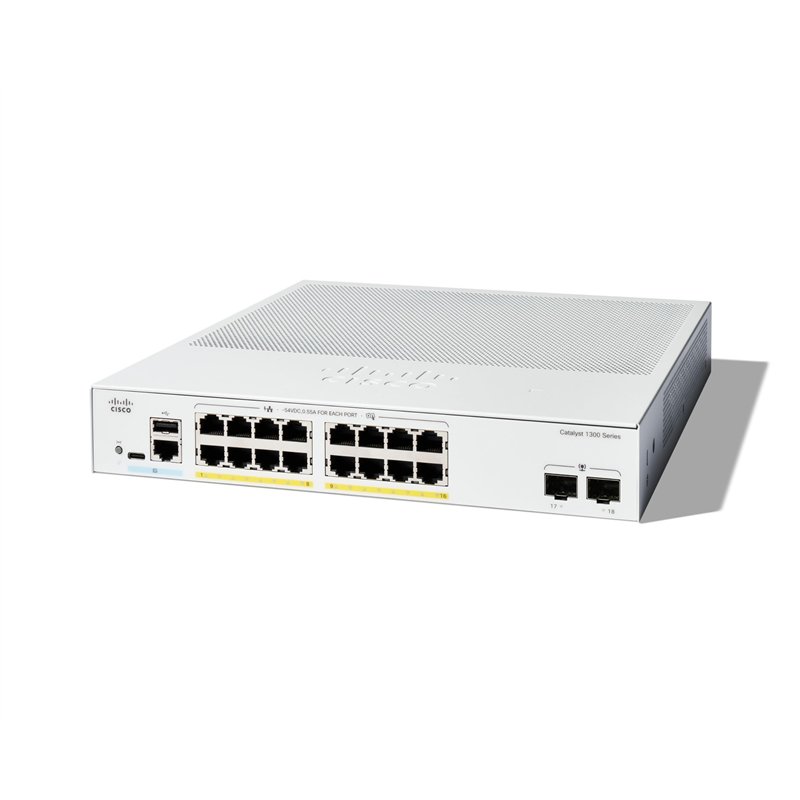 Cisco Commutateur administrable Cisco Catalyst 1300-16FP-2G, 16 Ports GE, PoE complète, Ports SFP 2x1GE, Garantie limitée à Vie