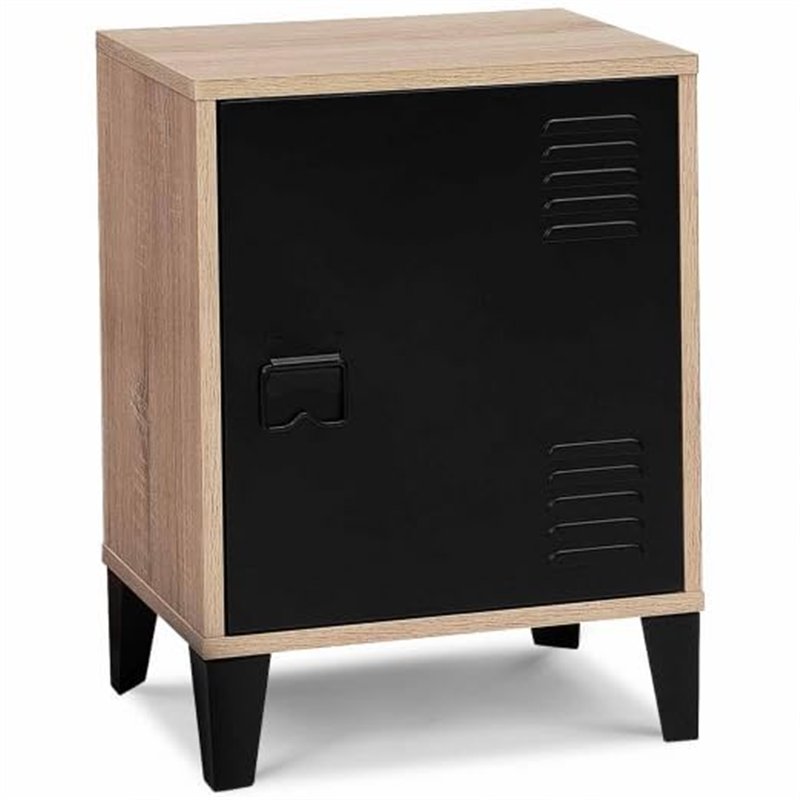 IDMarket - Table de Chevet Ester Effet Bois 1 Porte métal Noir Design Industriel