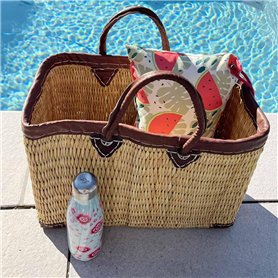 Panier Tressé Cabas de Plage Rectangulaire et Évasé en Jonc Naturel avec Finitions et Poignées en Cuir