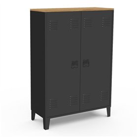 IDMarket - Armoire basse ESTER 2 portes métal noir et plateau bois design industriel