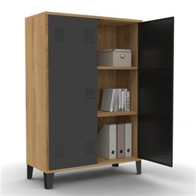 IDMarket - Armoire basse ESTER 2 portes métal noir et contour bois design industriel