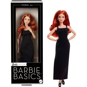 Barbie Essentiels Poupée de Collection modèle 04 avec Cheveux Roux bouclés, Petite Robe Noire et Bottes, Tenue à Coupe Universel