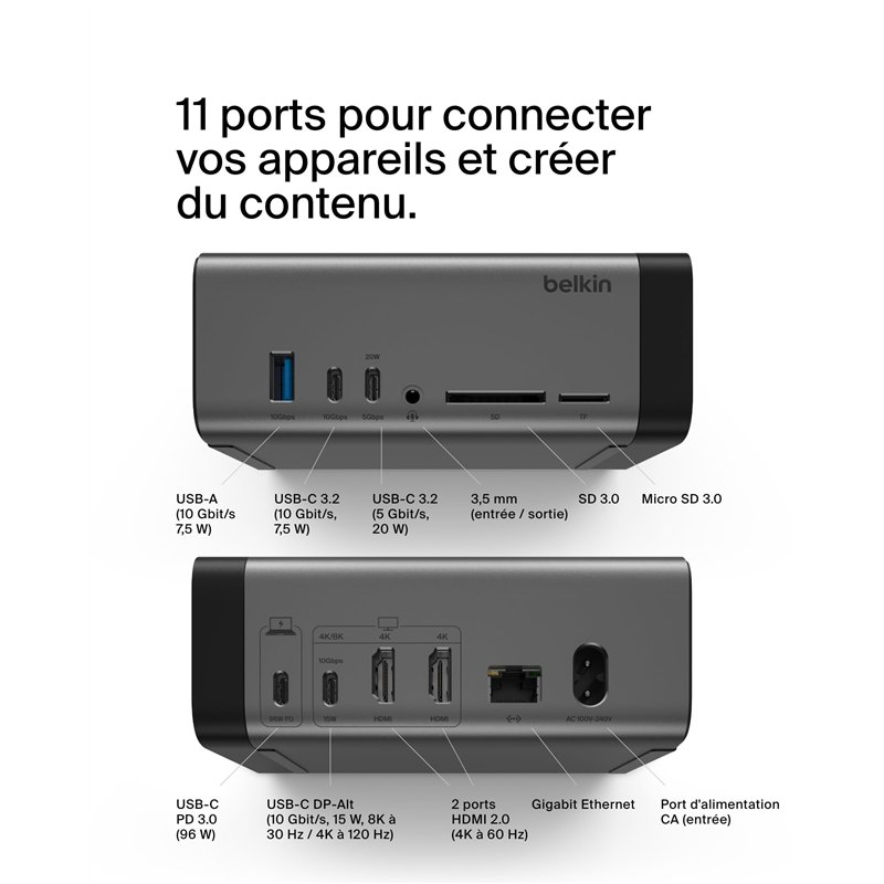 Image secondaire de Belkin Hub GaN USB-C 11-en-1 Dock Pro (150 W, Station d'accueil multiport avec Port USB-C, USB-A, Ethernet, SD, Micro SD, 3,5 mm
