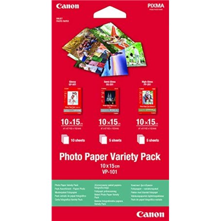 Canon VP-101 Pack Papier Photo PP-201 10x15cm (5 feuilles) + SG-201 10x15cm (5 feuilles) + MP-101 A4 (5 feuilles) + GP-501 A4 (5