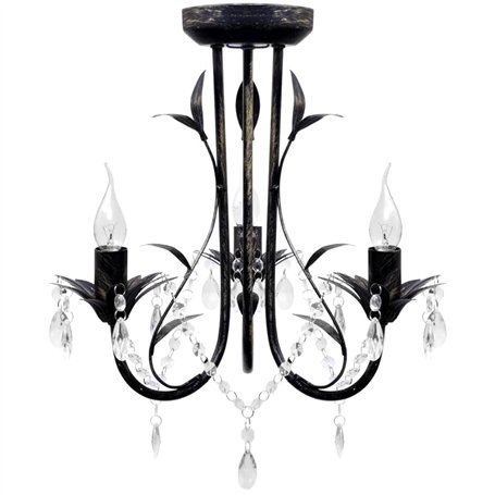 vidaXL Lustre Métal Noir Style Art Nouveau Perles Crystal 3 Ampoules E14 Lampe