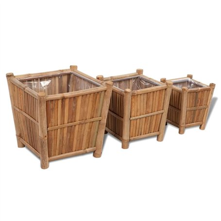 vidaXL Lits Surélevés en Bambou avec Doublure en Nylon 3 pcs Jardinière Jardin