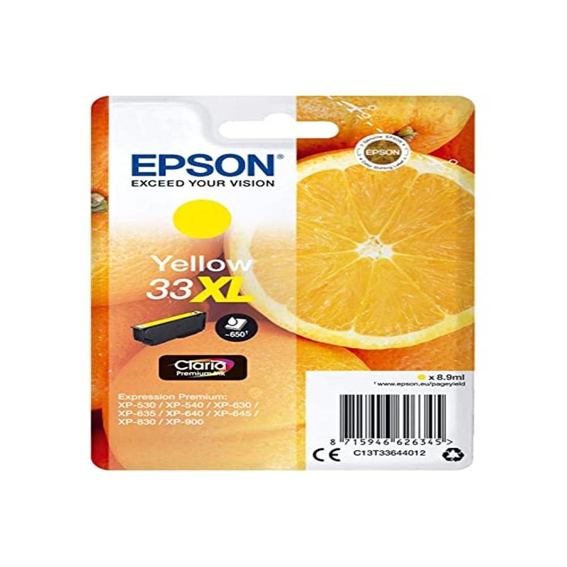 Epson 33XL Orange Jaune, Cartouche d'encre d'origine XL Haute capacité, XP-530 XP-540 XP-630 XP-635 XP-640 XP-645 XP-830 XP-900