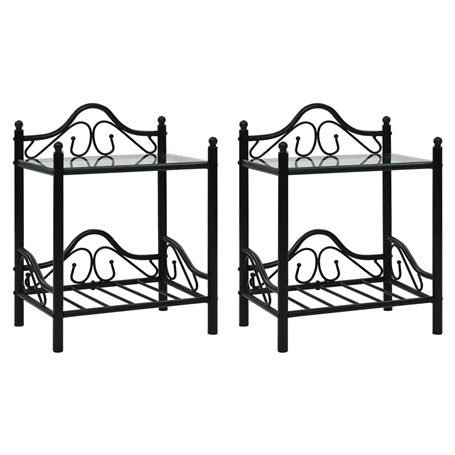 vidaXL 2X Table de Chevet Acier Verre Trempé Noir Table de Nuit Table Appoint