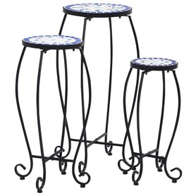 vidaXL Tables Mosaïque 3 pcs Table d'Appoint Table à Plantes Table à Fleurs Jardin Patio Balcon Terrasse Extérieur Bleu et Blanc