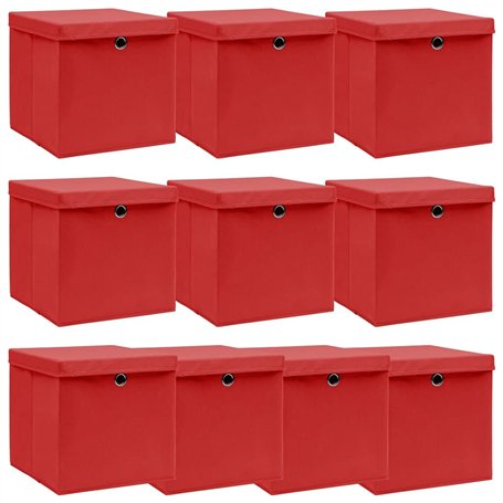 VidaXL Lot de 10 boîtes de rangement avec couvercle Tissu rouge 32 × 32 × 32 cm