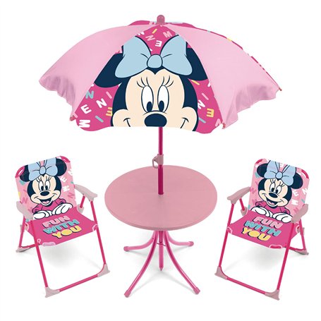 ARDITEX WD14418 Ensemble Table (50 x 50 x 48 cm) avec 2 chaises (38 x 32 x 53 cm) et Parasol (diamètre 110 cm) Motif Minnie de D