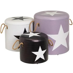 BAKAJI Lot de 3 poufs de Rangement modèle étoile avec étoiles, Repose-Pieds Forme Ronde, Design Moderne, Tabouret Rond avec Couv