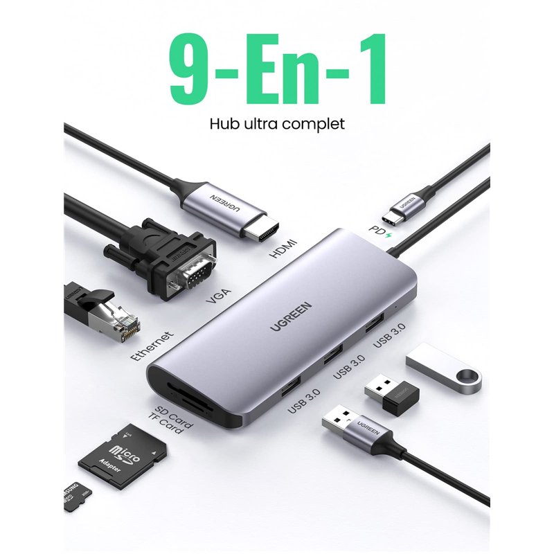 Image secondaire de UGREEN Hub USB C HDMI VGA Adaptateur USB C Ethernet Gigabit 1000 Mbps 9 en 1 Dock Multi Ports PD 100W 3 Sorties USB 3.0 5Gbps Co