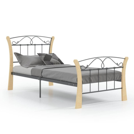 vidaXL Cadre de lit simple – Structure en métal noir durable avec bois de chêne massif 90 x 200 cm – Idéal pour la chambre à cou