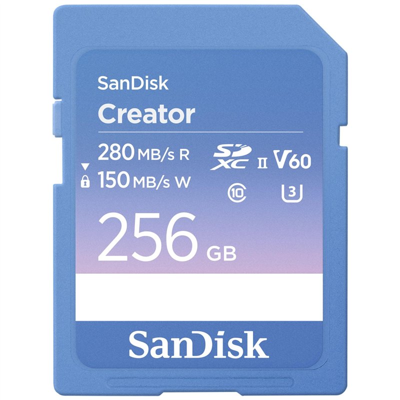 SanDisk Creator SD UHS-II SD Carte, 256 Go Carte SD V60, 6K & 4K UHD, Vitesse de Lecture jusqu'à 280 MB/s, Logiciel de récupération