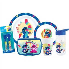 Lot vaissele - FUN HOUSE - STITCH ET ANGEL - Verre, assiette Ø22 cm et Ø16 cm, couverts, gourde et boite goûter