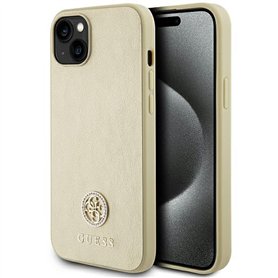 Guess GUHCP15SPS4DGPD Coque pour iPhone 15 6,1" Doré Rigide Cuir 4G Metal Logo Strass