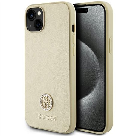 Guess GUHCP15SPS4DGPD Coque pour iPhone 15 6,1" Doré Rigide Cuir 4G Metal Logo Strass