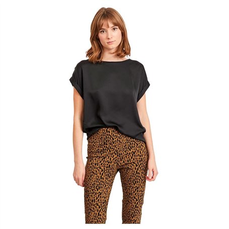 Vila Viellette S/S Satin Top/Su-Noos T-Shirt, Noir, 34 Femme