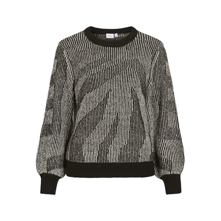 Vila O-Neck Knit Top/BF Vipinna L/S Haut en Tricot Jacquard à col Rond, Noir, L Femme