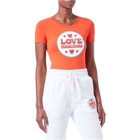 Love Moschino Stretch Cotton Jersey with Logo Patch Print T-Shirt, Orange, 46 Femme