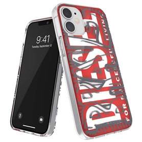 DIESEL Coque de Protection conçue pour iPhone 12 Mini 5.4 - Transparente - Anti-Chocs - avec Bords arrondis - Rouge/Gris