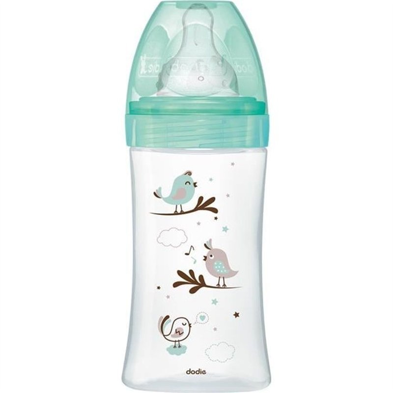 Dodie Biberon Initiation+ Anti-Coliques 3 Vitesses en Verre +0m Vert Oiseaux 270ml