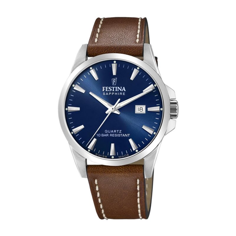 Festina Montre pour Homme F20025/3 Swiss Made Boîtier en Acier Inoxydable Gris Bracelet en Cuir Marron