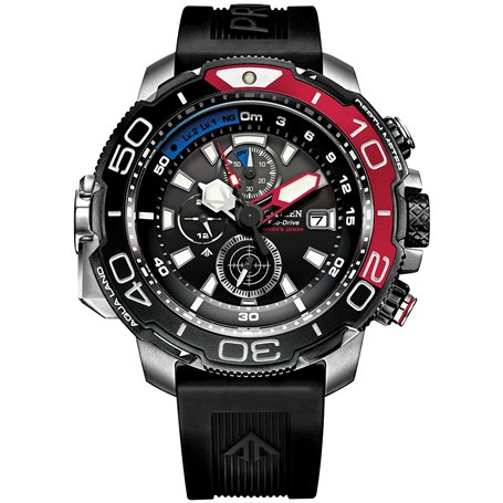 Citizen Eco-Drive Promaster Aqualand Montre pour homme Bracelet en polyuréthane Cadran noir avec accents rouges Chronographe (mo