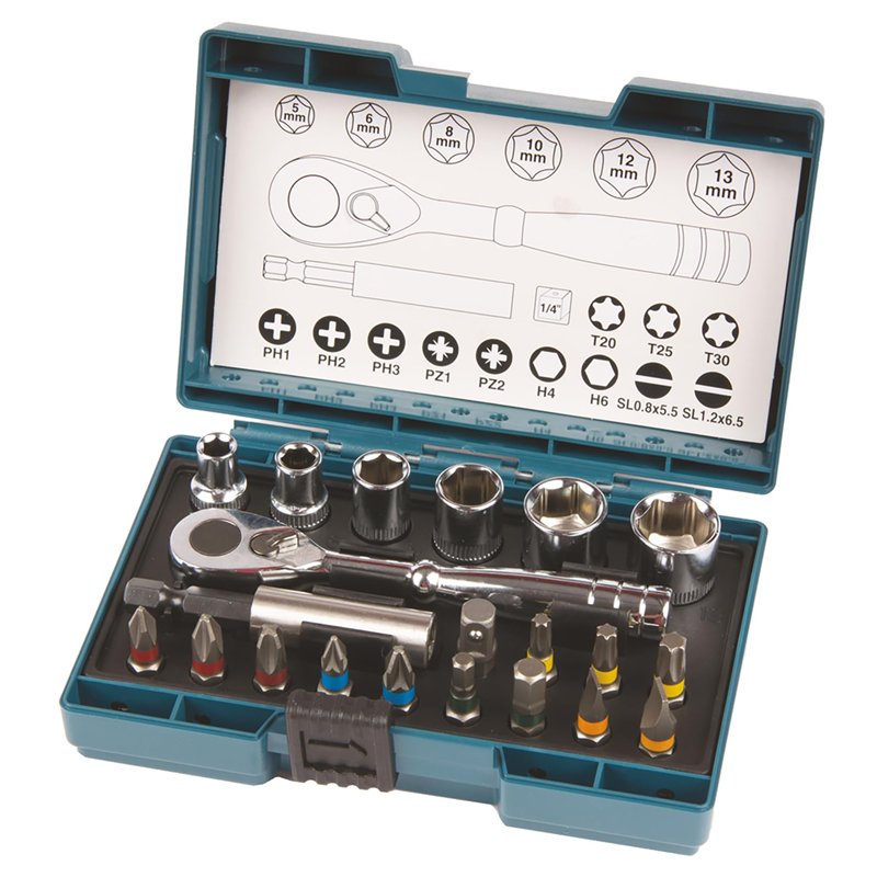 Coffret de fixation avec clé à cliquet et 20 autres accessoires - MAKITA B-54081