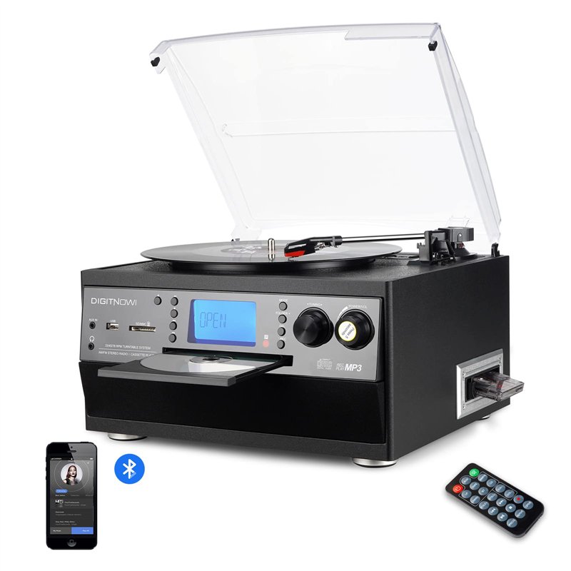 DIGITNOW! Platine Vinyle Bluetooth Tourne-Disque USB mp3 et Fonction Encodage Classique Lecteur CD avec Cassette FM Radio,3 Vite