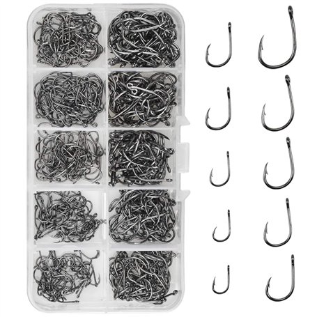 500pcs Hameçon de Pêche Crochets de Pêche en AcierCarbone avec Barbillon Hameçons Barbelés en 10 Tailles avec Boîte de Rangement
