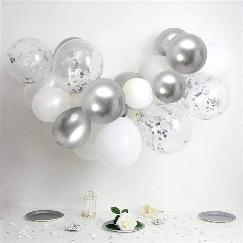 Image secondaire de Ballon Blanc et Argent, 50 pièces 12 pouces Argent Confettis Ballons de Fête en Métal Chromé Argenté avec Ruban Argenté pour Déco