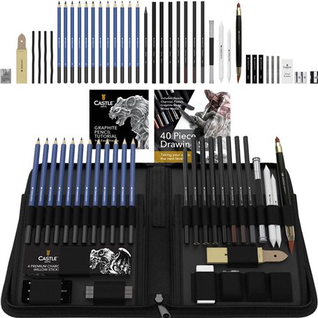 Castle Art Supplies Set de 40 Pièces pour Dessin et Croquis avec Tutoriel | Pour Artistes