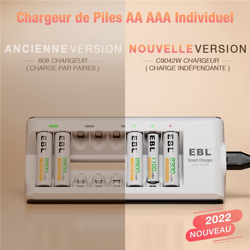 Image secondaire de EBL Chargeur de Piles Indépendant 8 Slots, pour Charger 1-8pcs AA AAA Ni-MH Ni-CD Piles Rechargeables, avec Indicateur Intelligent