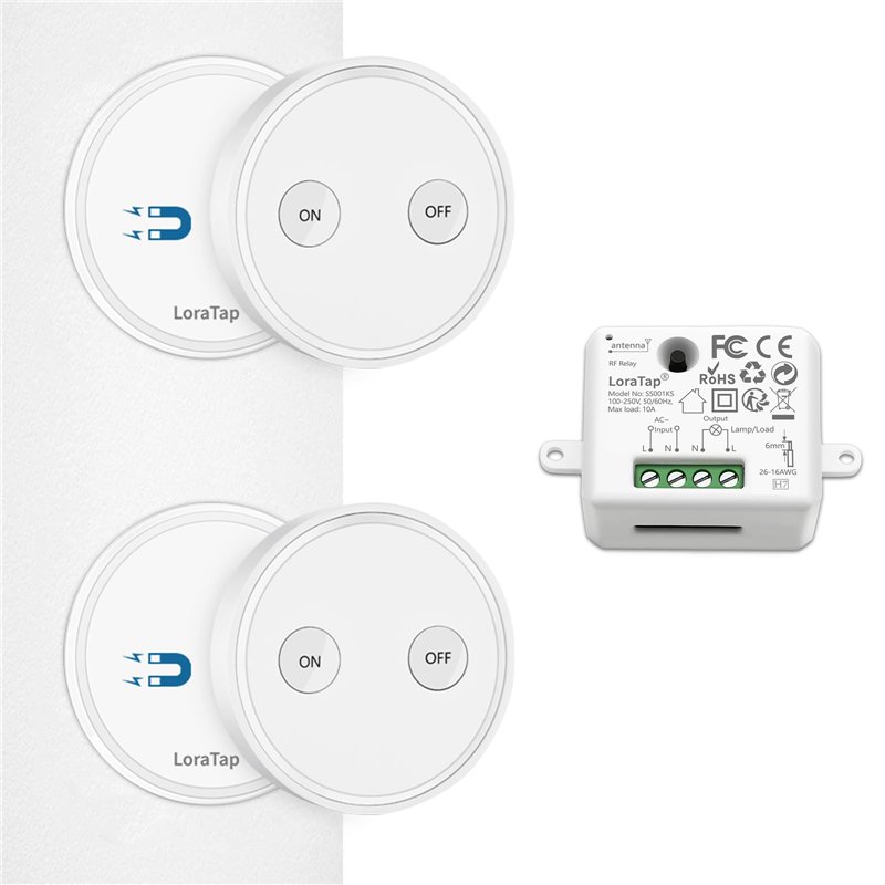 LoraTap Kit Interrupteur Sans Fil, Va et Vient, Récepteur 2500W, Portée 200M, Emetteur Radio 868Mhz, Commande à Distance Mural A