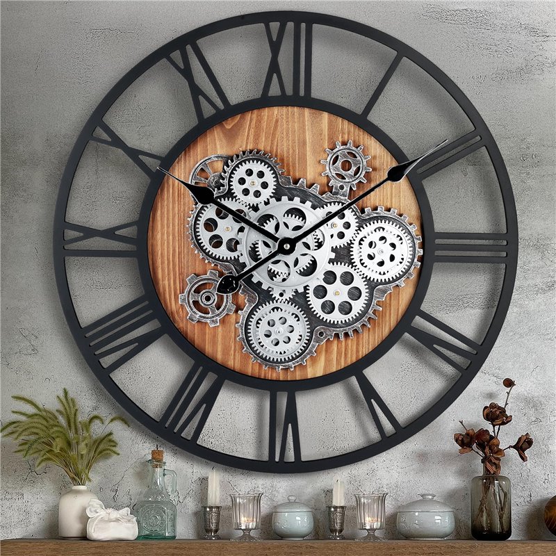 Lafocuse Horloge Murale Engrenages Mobiles Geante 57 cm Noire Industrielle Bois Vintage Pendule Murale Steampunk Chiffres Romain