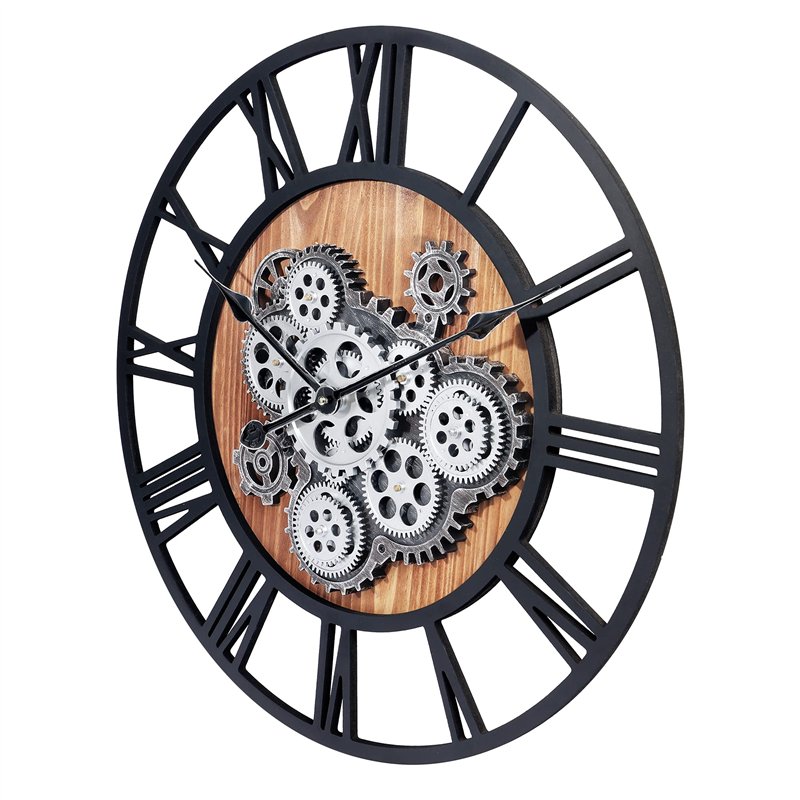 Image secondaire de Lafocuse Horloge Murale Engrenages Mobiles Geante 57 cm Noire Industrielle Bois Vintage Pendule Murale Steampunk Chiffres Romain